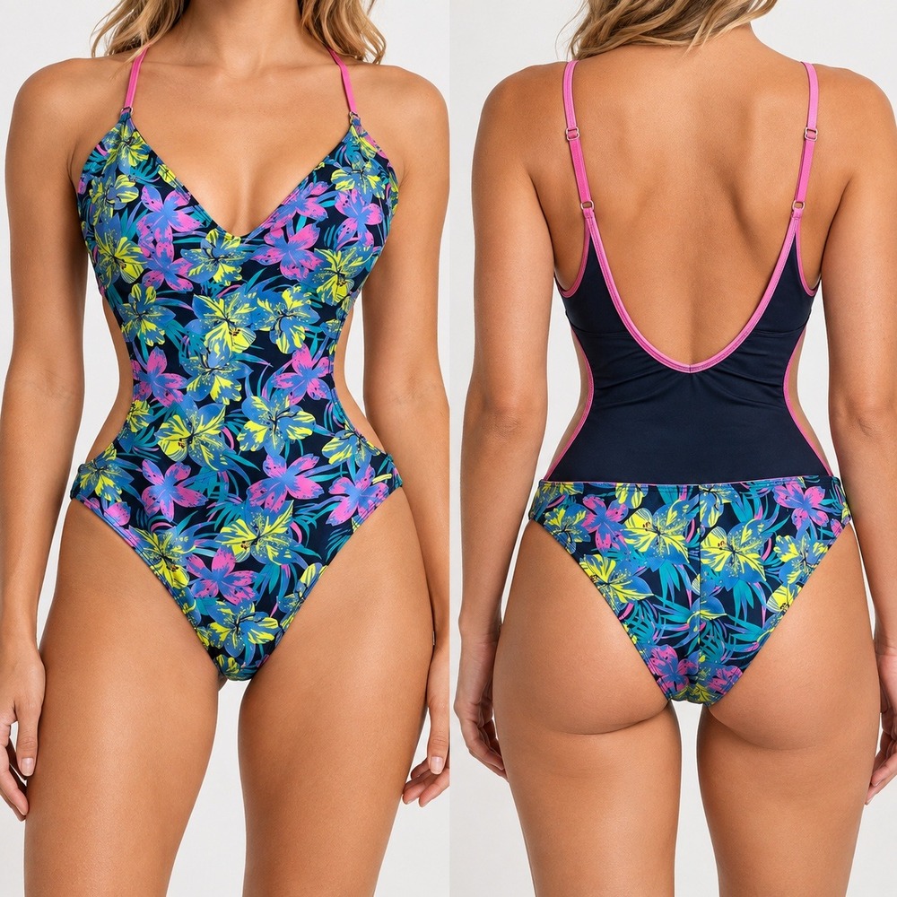 Tropical Floral Cutout One Piece Swimsuit Womens Neon Pink Straps Lightly Padded